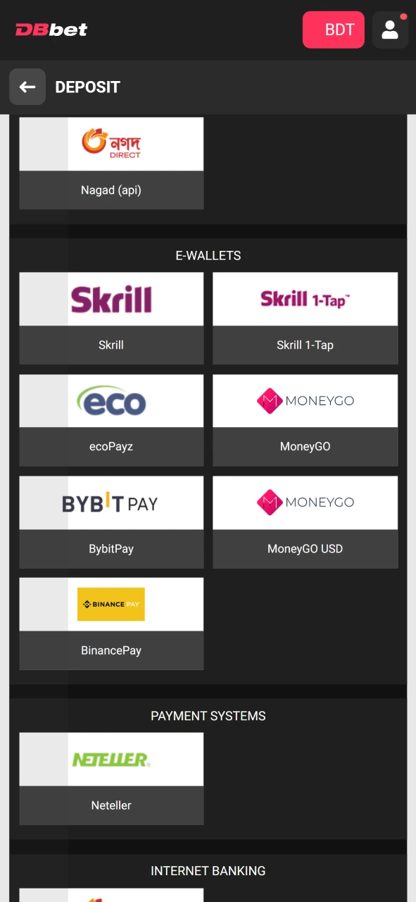 Select a method to deposit funds to DBbet.