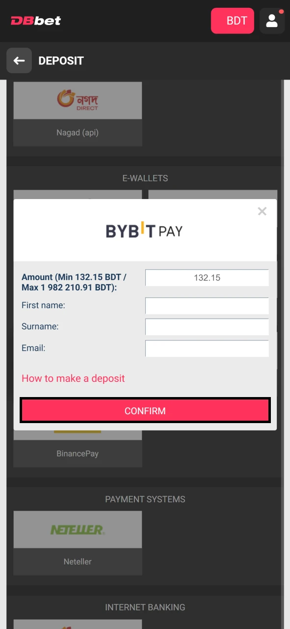 Complete your deposit to DBbet.