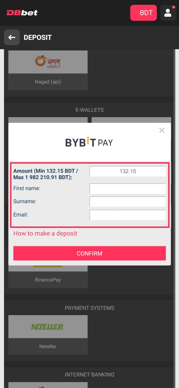 Fill in the details to top up your deposit on DBbet.