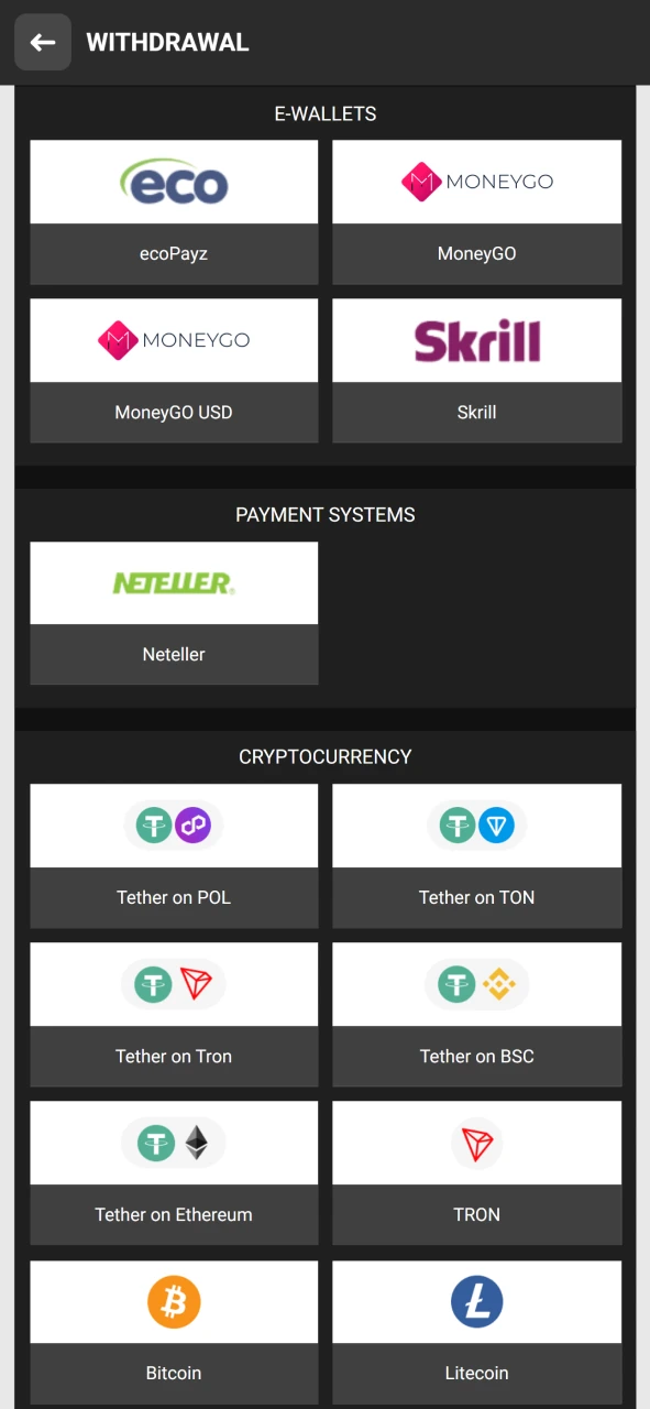 Choose a convenient method for withdrawing funds to DBbet.