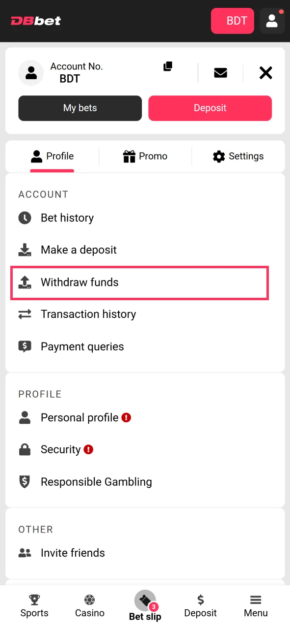 Open the withdrawal section on DBbet.
