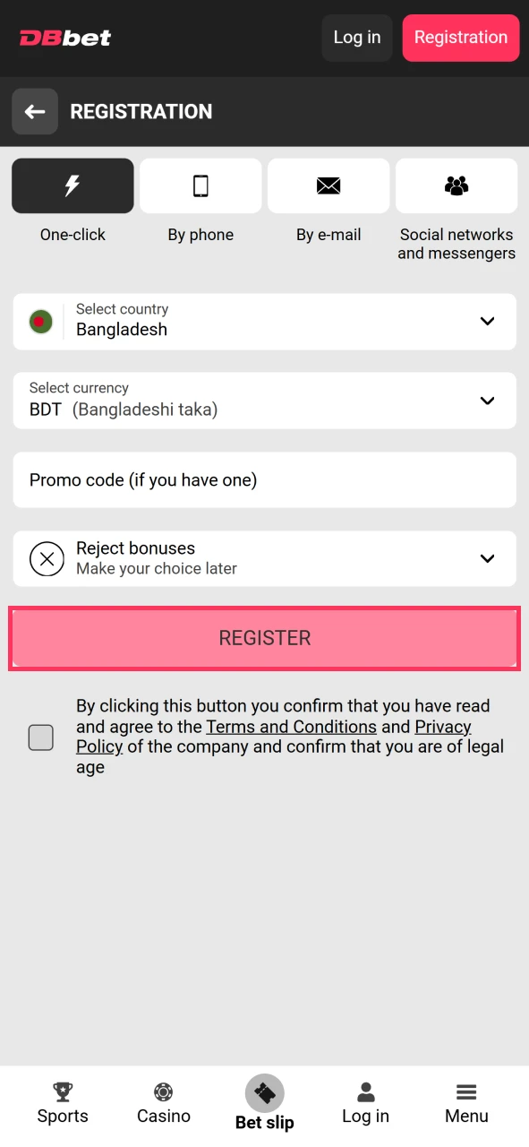 Complete your registration in the DBbet app.