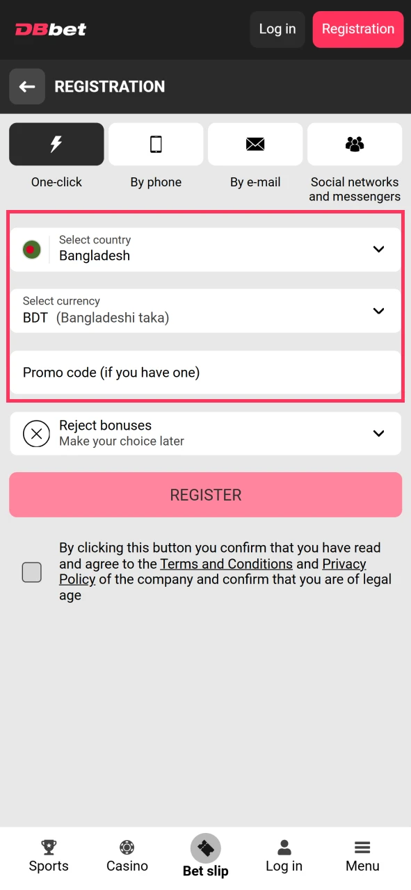 Fill in the details when registering in the DBbet application.