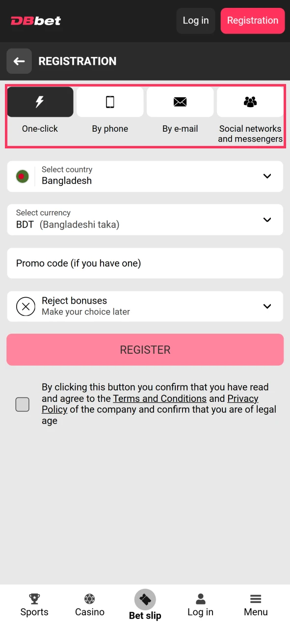 Select the registration method for the DBbet app.