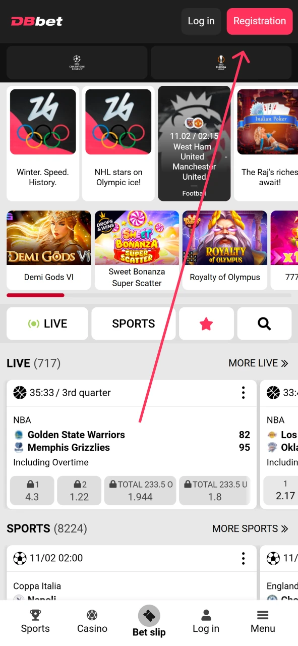 Open the DBbet app and open the registration window.