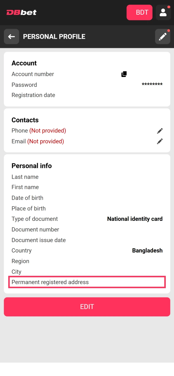 Provide your address for verification on DBbet.