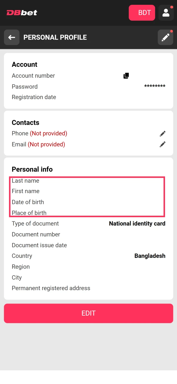 Fill in the basic details in the DBbet verification window.