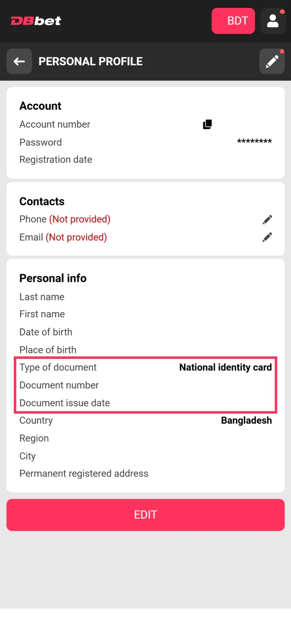 Upload documents when verifying on DBbet.