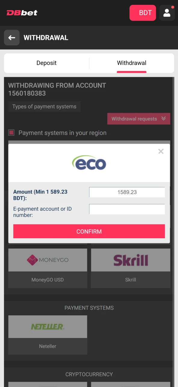 Please provide your payment system details for DBbet.